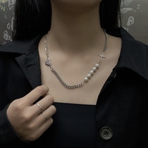 New pearl stitching necklace female titanium steel love cross clavicle chain niche design sense simple net red accessories