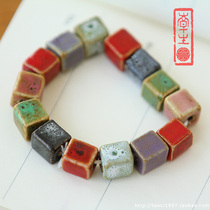 Ceramic 1987 Jingdezhen Jewelry Creative Jewelry Square Hand Woven Colorful Porcelain Bead Bracelet National Style
