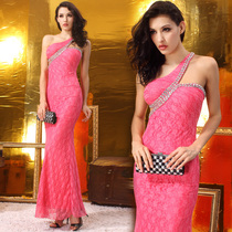 Lan Guifang Pink Single Shoulder body Meet Bag Hip evening dress Sexy Lace Fishtail Wedding Toast with Dating Long Dress