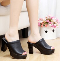 2021 summer thick sole slippers female leather high-heel waterproof platform cool slippers cowhide leather women shoes one word slippers fish mouth Korean version