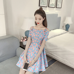 实拍2017夏季新款韩版小清新一字肩喇叭袖修身显瘦A字连衣裙