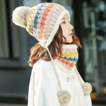 Korean Version Sweet Merga Suede Hat Lady Autumn Winter Knit Wool Cord Hat Winter Sleeve Head Warm Protective Ear Circumference neck hat 100 lap