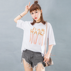 实拍夏季韩版拼色字母彩色流苏短袖T恤女短袖学生上衣潮