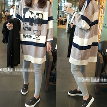 Pregnant womens spring cotton top loose size long sleeve T-shirt medium length sweater dress breastfeeding dress spring and autumn