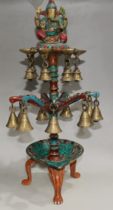 Nepal old brass inlaid turquoise ruby ornaments elephant God Bell candle holder for antique collection