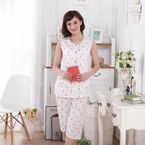 Thin cotton sleeveless womens pajamas summer middle-aged and elderly round neck cardigan vest in trousers cotton mother home clothes