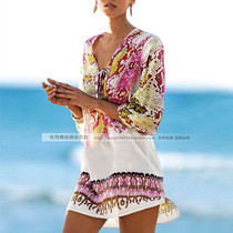 Seaside holiday V collar loose with big code printed snow-spinning sunscreen with bikini swimsuit hooded beach dresses beach dresses