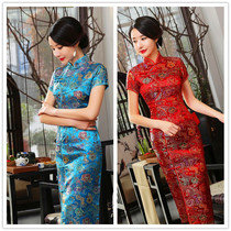 New ten-button modified brocade long cheongsam Middle-aged Tang costume stage bride performance retro cheongsam