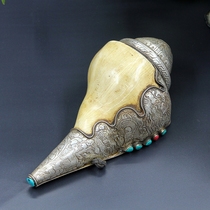 Nepal handmade bag sterling silver carved inlaid turquoise right-handed white sea snail method snail one of eight small