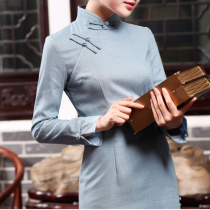 Light sky blue cotton linen classical art improvement long sleeve short cheongsam spring and autumn slim simple white collar lady custom