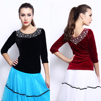 New long-sleeved modern dance ballroom dance National dance Latin dance top Velvet luxury hot diamonds
