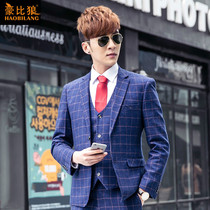 Hao than Wolf Spring and Autumn Groom Wedding Dress Suit Set Men Korean Slim Plaid Three Piece Business Leisure