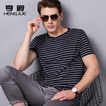 Mulberry silk short sleeve mens round neck T-shirt silk striped mens half sleeve shirt middle-aged father Ice Silk T summer top