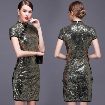 Lan Kwai Fong vintage short-sleeved gold and silver bright slim banquet wedding short cheongsam design original shop
