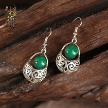 Loulan Inn retro style ethnic style earrings female green agate hollow earrings short simple fashion earrings