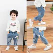 Boys jeans spring dress hole children cartoon print loose long pants baby baby Korean pants tide