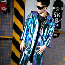 Trendy Male Singer DJDS Cool Technology PU Cloak Coat Nightclub GOGO Bar Hairdresser Stage Costume