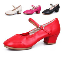 Autumn and winter womens new square dance shoes soft-soled red dance shoes middle heel adult dance shoes outdoor beef tendon bottom