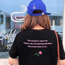 Spot South Korea Dongdaemun Women's Spring and Summer Cotton Rose Flower Embroidered Letter Academy Loose Age-Reduction T-Shirt