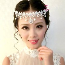 White lace Bridal Headdress Eyebrow pendant Wedding hair accessories Wedding dress Forehead jewelry Pearl hairband Red necklace