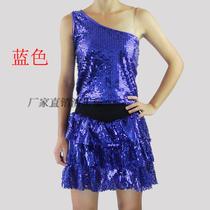 New sequin stage dance performance dress cheerleading suit one-shoulder sequin vest (sequin three-layer skirt)