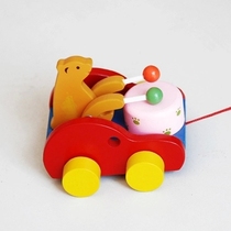 Color wooden beating drum bear pull line Toy Car childrens toys birthday gift craft ornaments special Wholesale