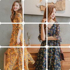春装新款女雪纺连衣裙韩版时尚中袖修身显瘦碎花长裙气质印花