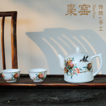 Jingdezhen Chinese tea set Ceramic set Kung Fu tea set Hand painted pastel flowers and birds Teapot Teacup Tea sea