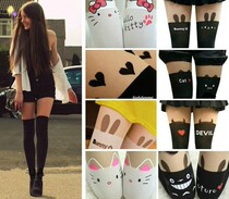 womens spring autumn holiday mid cylinder splicing silk stockings cartoon cat snagging anti snag fake thigh over knee high pantyhose bottoming socks
