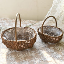 Retro Wicker flower basket portable basket rattan flower flower garden decoration desktop flower arrangement gift fruit basket