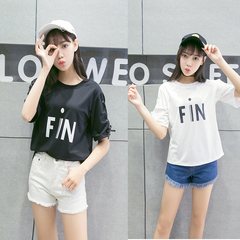 实拍韩版夏季学院风女装短袖T恤女宽松大码显瘦印花棉针织衫
