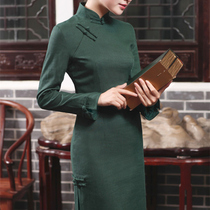 Dark green cotton linen classical art improvement long sleeve slit short cheongsam spring and autumn slim simple white collar lady