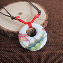 Chinese style lotus gold ceramic necklace pendant female sweater chain Jingdezhen ceramic jewelry