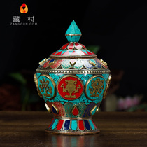 (Tibetan village) Nepal imported copper hand inlaid stone eight auspicious ornaments treasure bottle rice box medium