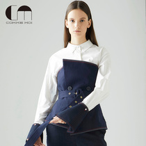 COMME MOI Lu Yan designer autumn winter smear chest three-dimensional double-row button tether to hide blue ladies top