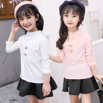 Girls undershirt flap collar autumn dress lace slim fit 2019 new Korean version Long sleeves T-shirt Chopped Flowers CUHK Child Blouse