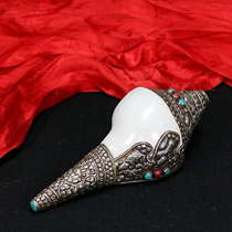 Natural right-handed white conch snail eight for Nepal handmade bag sterling silver carved inlaid turquoise Buddhist offerings-2