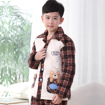 Three-layer cotton childrens pajamas winter thickened warm coral velvet big boy boy boy cute winter