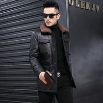 Dotron new Haining leather leather mens long top layer of cattle leather down jacket Lamb hair lapel men