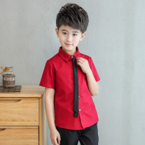 Boy handsome red short-sleeved shirt tie Kindergarten performance fashion black and white half-sleeve shirt bow tie host