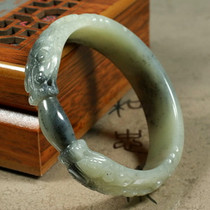 Jade Jian Xinjiang Hetian jade ink jade blue and white seed bracelet Double Dragon play bead inner diameter 59mm fine texture send certificate