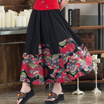 2020 Chinese style womens print vintage skirt national style cotton linen skirt long skirt