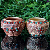 Nepal exquisite handmade silk gilded silver inlaid gemstone rice box for bowl rice jar treasure bottle Vajra jar