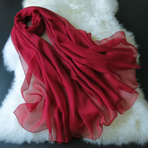  Wine red silk scarf Womens spring and autumn dual-use gauze scarf Summer mulberry silk shawl solid color maroon Western style silk scarf