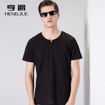Short-sleeved mens summer V-neck half-sleeved T-shirt solid color cotton casual loose Joker mens clothes trend thin shirt