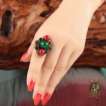 Loulan Inn Red and Green Retro Palace Ring Index Yunnan Ethnic Style Jewelry Opening Adjustable Ring Women