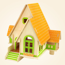 Childrens toy JIGSAW Jigsaw 3D three-dimensional wooden model jigsaw Villa childrens toy cabin model Assembly