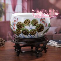 Jingdezhen ceramic fish tank hand-painted blue and white fish basin calligraphy and painting tank lotus tank water lily bowl lotus bowl lotus tank feng shui decoration tank