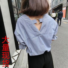 夏装新款 韩版金属扣V领竖条衬衫女短袖露背宽松上衣