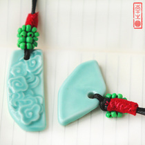 Ceramic 1987 jewelry handmade necklace Tibetan green auspicious cloud ethnic style necklace pendant sweater chain